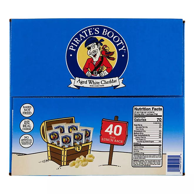 نفاشات الجبن الشيدر الأبيض العتيقة من Pirate's Booty، 0.5 أونصة، 40 عبوة.